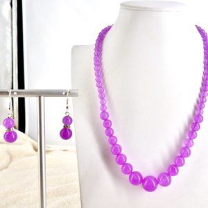 Lavender Purple Necklace & Earring Set 925 Hooks Glass & Crystal 18" - 21" NWOT